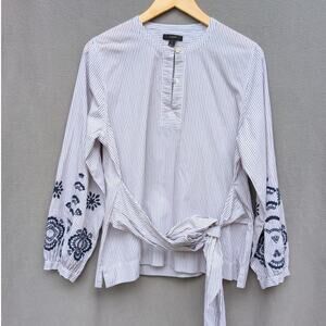 J. Crew Red/Blue Striped Embroidered Sleeves Tie Front/Back Tunic Blouse, size M